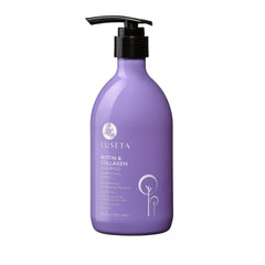 Luseta Biotin and Collagen Shampoo bottle highlighting nutrients for fuller, thicker-looking hair.