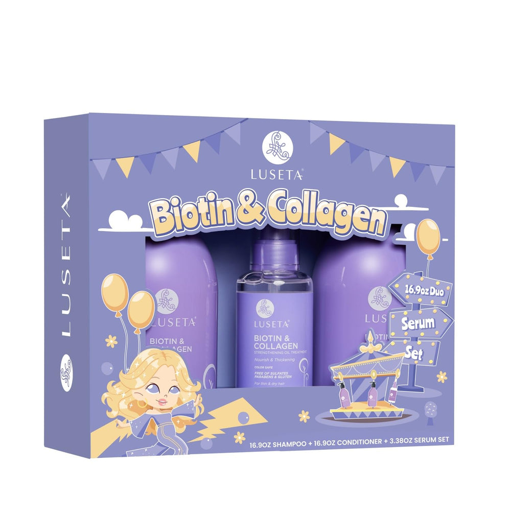 L Luseta Biotin Trio shampoo bottle with rich lather for fuller-feeling hair