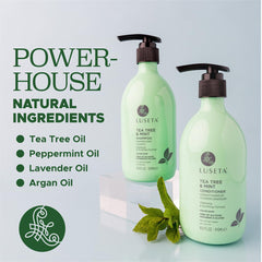 Luseta clarifying tea tree solution label emphasizes scalp-friendly cleanse