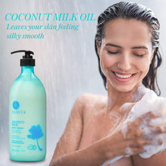 Luseta coconut milk body wash label close-up highlighting oat nourishment