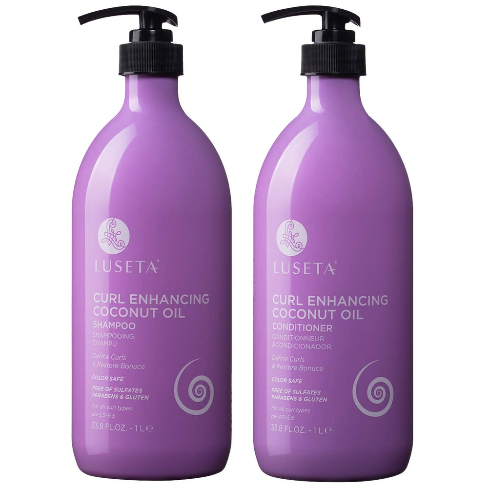 L Luseta curly shampoo bottle enhances definition with coconut oil for soft, bouncy curls.