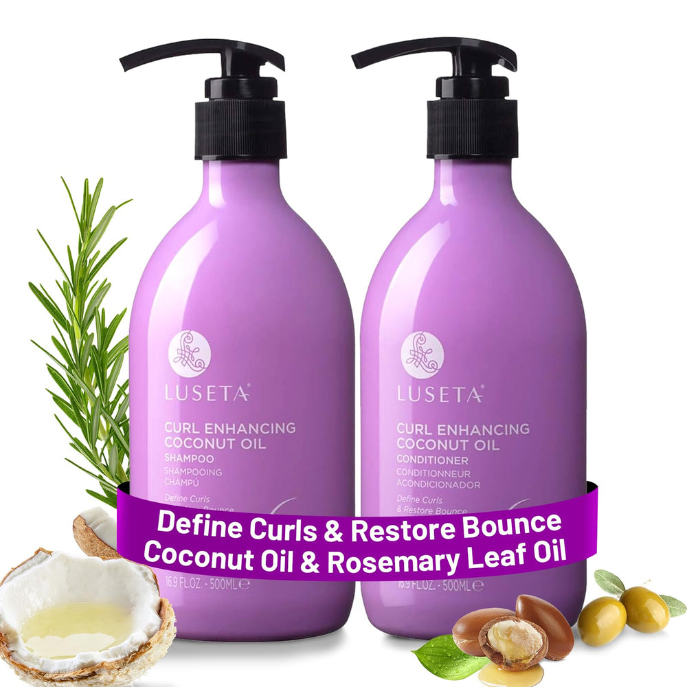 Luseta Curly Shampoo bottle pours coconut oil for moisture and bounce.