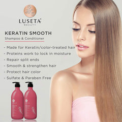 Luseta Keratin Smooth conditioner bottle promising smoother, hydrated strands.