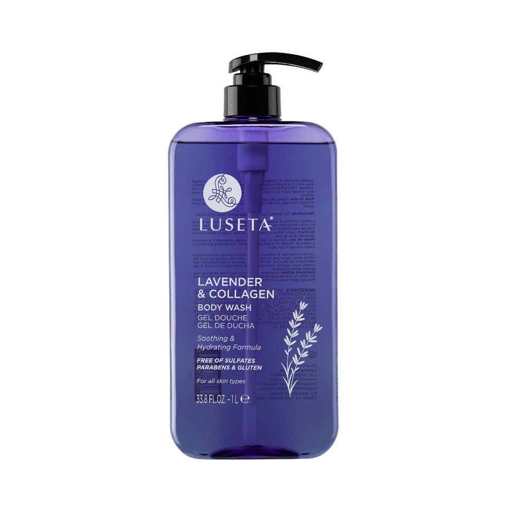 Luseta Lavender & Collagen Body Wash bottle front shows calming hydration.
