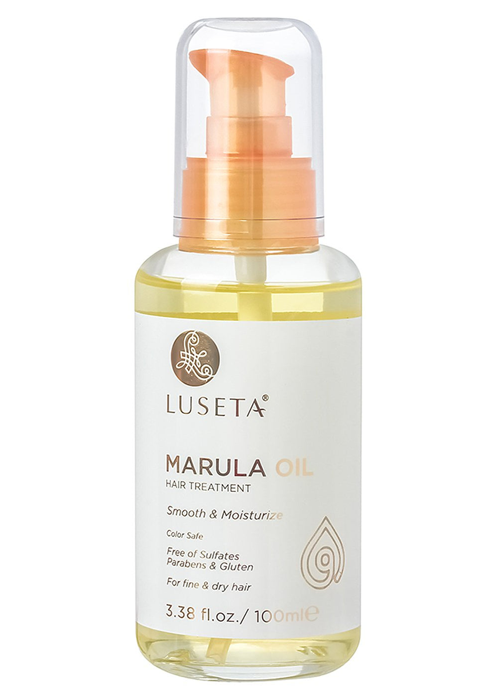 Luseta Marula Oil Hair Treatment bottle demonstrating lightweight nourishment for fine, dry hair.