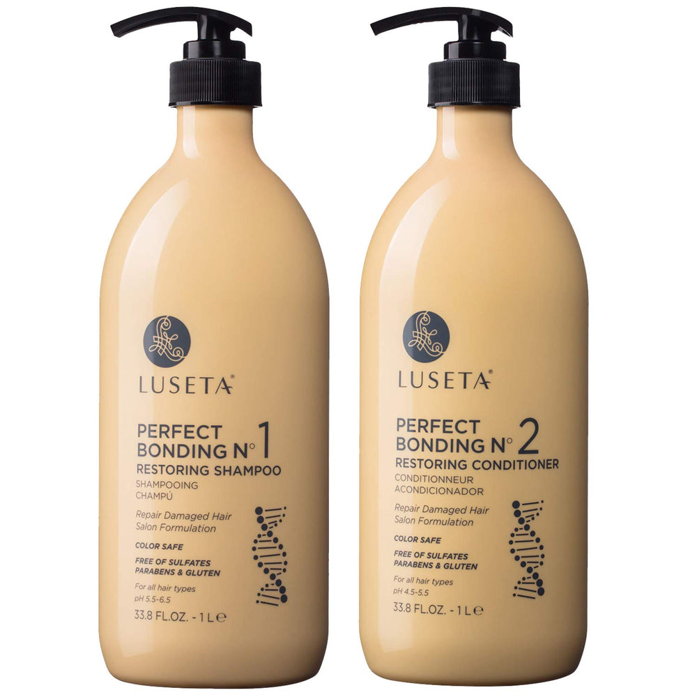 Luseta Perfect Bonding Restoring Shampoo bottle closeup, gentle cleanse that supports bond integrity across all hair types.