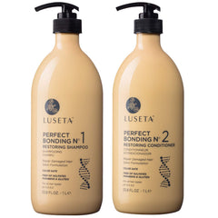 Luseta Perfect Bonding Restoring Shampoo bottle closeup, gentle cleanse that supports bond integrity across all hair types.