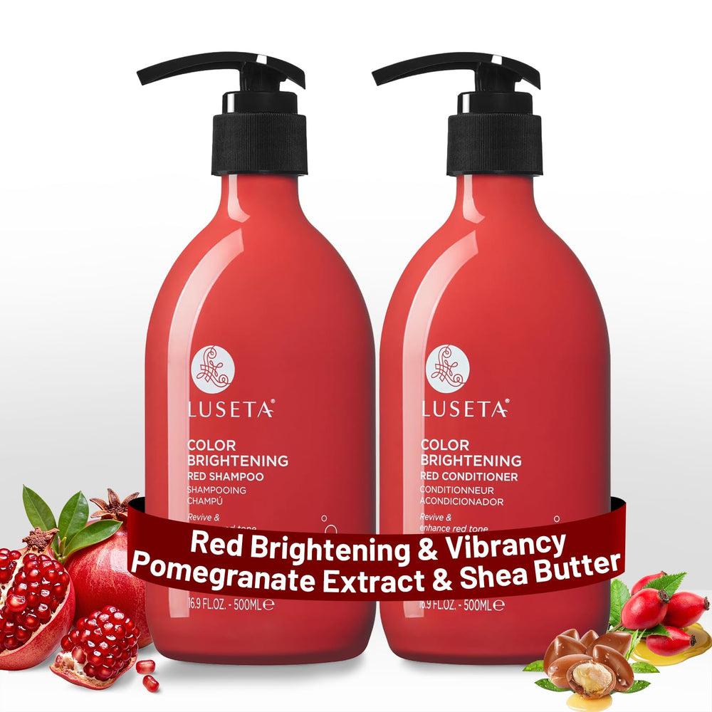 Luseta red shampoo bottle for copper brightening.