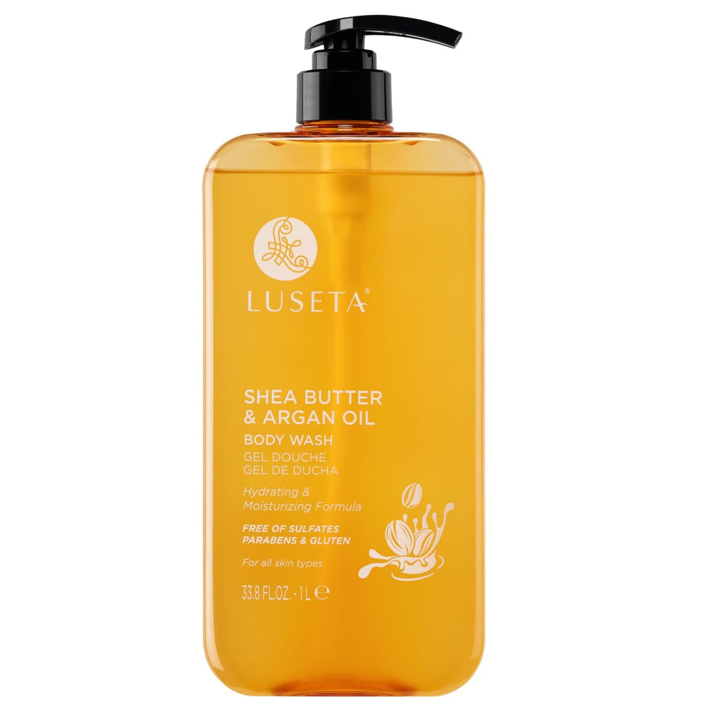 Luseta Shea Butter Argan Oil Body Wash bottle front view highlighting hydrating formula