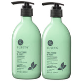 Luseta Tea Tree Mint shampoo bottle highlights clarifying action for dandruff relief
