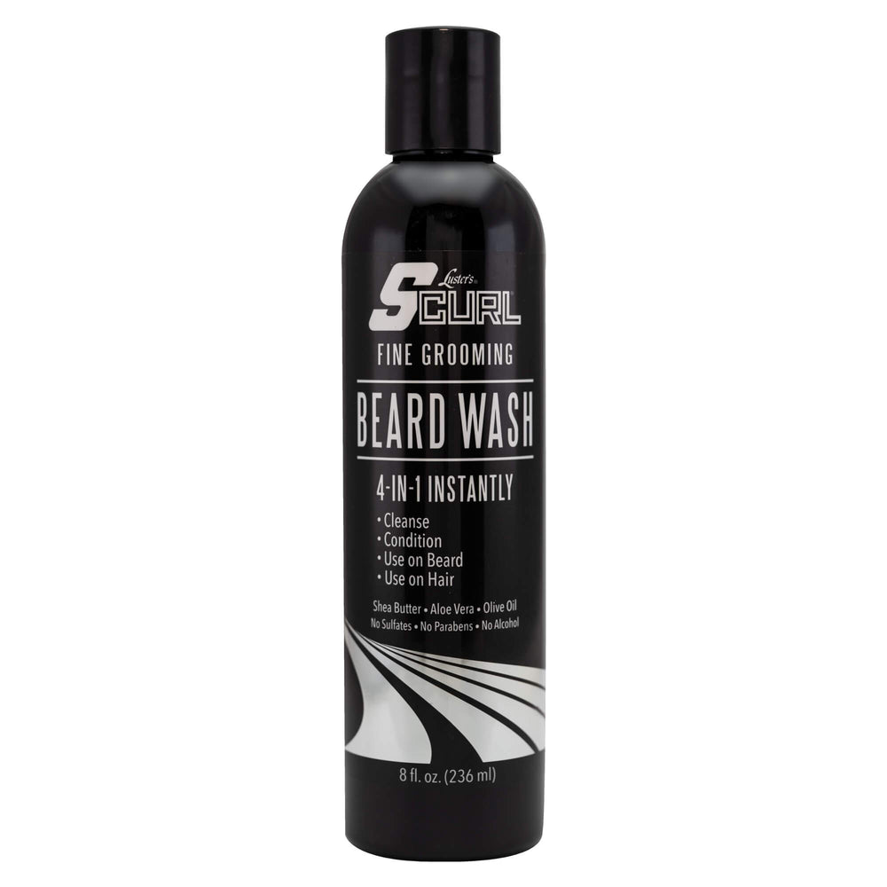 Luster's SCurl Beard Wash bottle with rich lather for cleansing beard and skin.