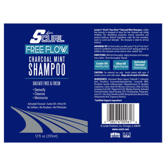 Packaging shot of Luster's SCurl Free Flow Charcoal Mint Shampoo promoting clean, free-flowing curls