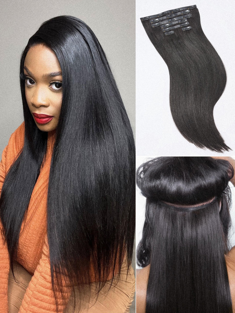 LUVME Yaki Straight seamless clip-in extensions for 18-inch length, natural-looking volume.