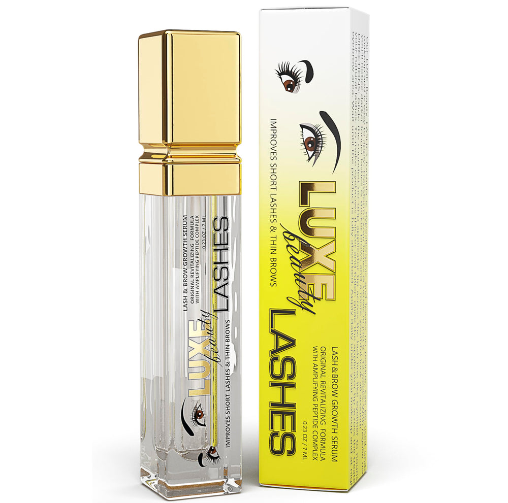 LUXE Beauty LASHES serum bottle promotes longer lashes and fuller brows.