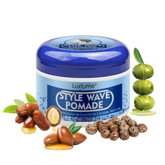 Luxfume pomade bottle front for quick wave styling and control.