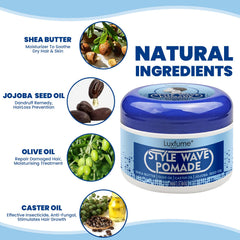 Luxfume pomade with shea butter and jojoba oil supports scalp nourishment.