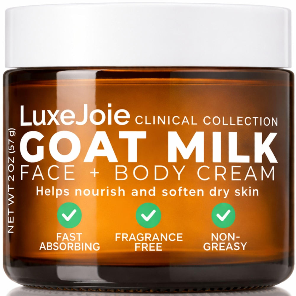 LuxJoie Goat Milk Moisturizer jar delivering deep hydration for soft, comfortable skin.