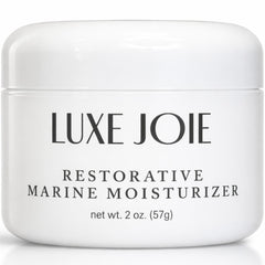 LuxeJoie Restorative Marine Moisturizer bottle highlighting lightweight hydration for sensitive skin