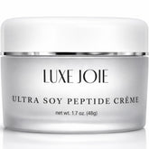 LuxeJoie Ultra Soy Peptide Cream jar closeup, showcasing fast-absorbing formula for dry skin