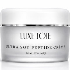 LuxeJoie Ultra Soy Peptide Cream jar closeup, showcasing fast-absorbing formula for dry skin