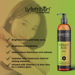 Lyfetrition azelaic serum ingredients including Vitamin C and Hyaluronic Acid.