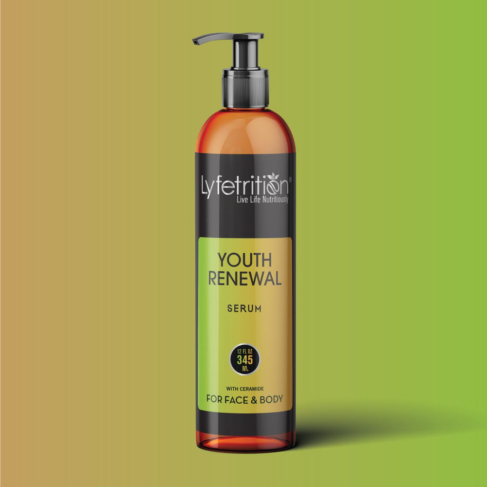 Lyfetrition Youth Renewal Serum bottle labeled for premium hydration and glow