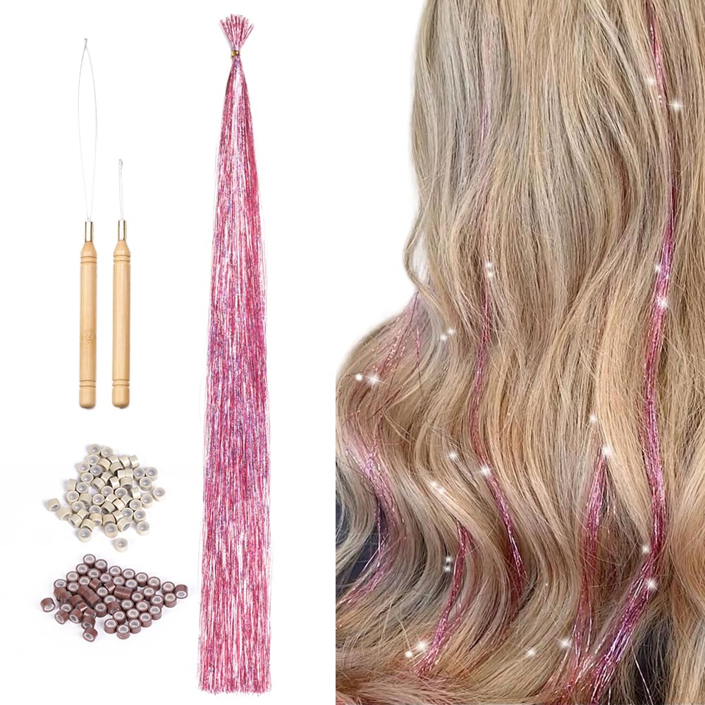 Lyric Selection pink hair tinsel i-tip extensions ready to wear with subtle sparkle