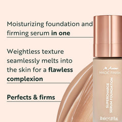 M. Asam Magic Finish serum foundation pump close-up shows smooth, easy application.