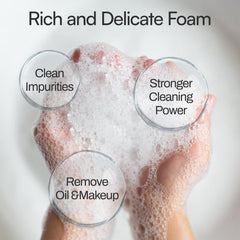 M foam cleanser foamy lather demonstrates soft cleansing near eyes