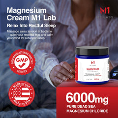 M1 Labs magnesium cream applied to feet for moisturized, soft skin.