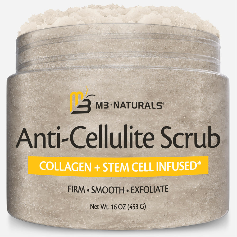 M3 Naturals anti-cellulite scrub jar for smoother, more even-looking skin