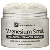 M3 Naturals magnesium scrub bottle promoting exfoliation and relaxation.