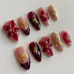 MABKJLF luxury press-on nails in medium almond shape with red floral design