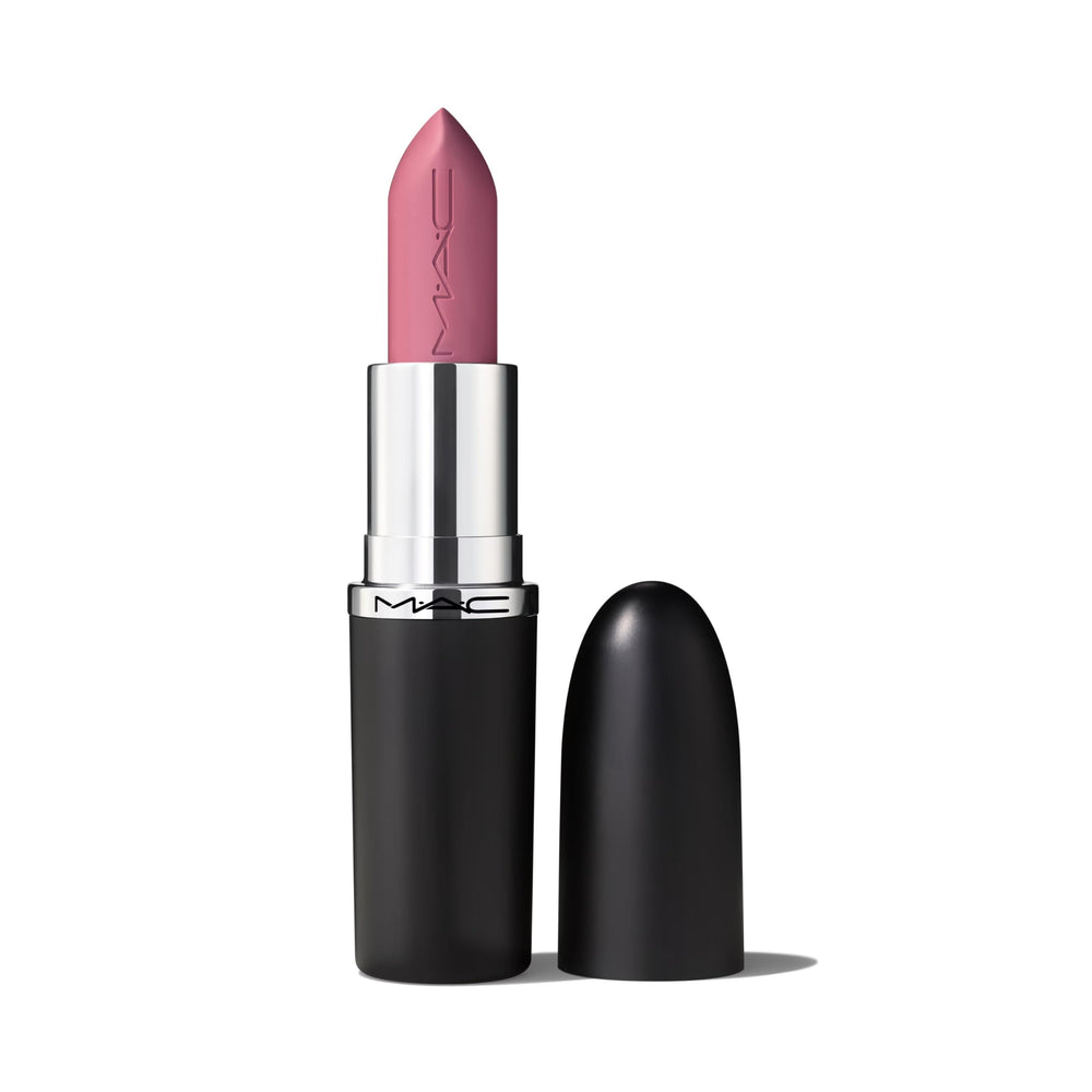 MAC M·A·Cximal Sleek Satin Lipstick Pink Peppermint swatch on lips with hydration.