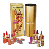 MAC Golden Girls vault with 12 mini Lustreglass lipsticks in a gilded keepsake box.