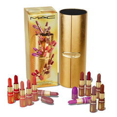 MAC Golden Girls vault with 12 mini Lustreglass lipsticks in a gilded keepsake box.