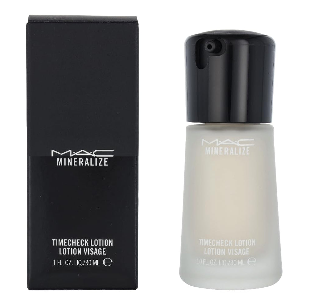 MAC Mineralize Timecheck Lotion bottle with sleek packaging for daily use and a subtle glow