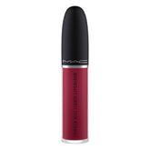 MAC Powder Kiss Liquid Lipcolour Burning Love bottle close, bold berry shade for statement lips.