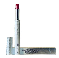 MAC Powder Kiss Velvet Blur Slim Lipstick Merry Cherry swatch shows soft-focus matte finish.