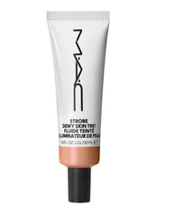 MAC Strobe Dewy Skin Tint Medium 3 bottle enhances radiance for a natural glow.