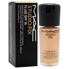 MAC Studio Fix NC35 shade swatch on skin for warm tan tone.