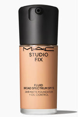 MAC Studio Fix Fluid SPF 15 bottle front shows oil-control and natural matte finish