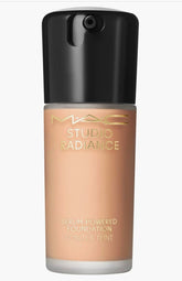MAC Studio Radiance Serum-Powered Foundation bottle highlights glow-boosting, hydrating skincare fusion.