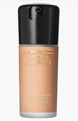 MAC Studio Radiance Serum-Powered Foundation bottle highlights glow-boosting, hydrating skincare fusion.