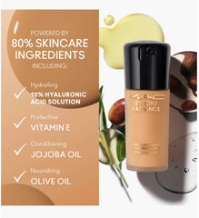 MAC Studio Radiance Serum-Powered Foundation packaging emphasizes sustainability with recyclable glass.