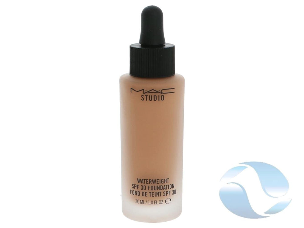 MAC Studio Waterweight Foundation NC44 bottle, lightweight SPF 30 for radiant, hydrated skin.