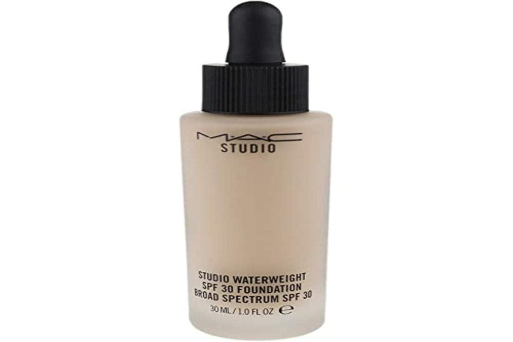 MAC Studio Waterweight foundation bottle close-up, delivering lightweight coverage and SPF 30 protection