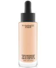 MAC Vibrantly Young Face Studio Waterweight foundation bottle pour highlights lightweight hydration and SPF 30
