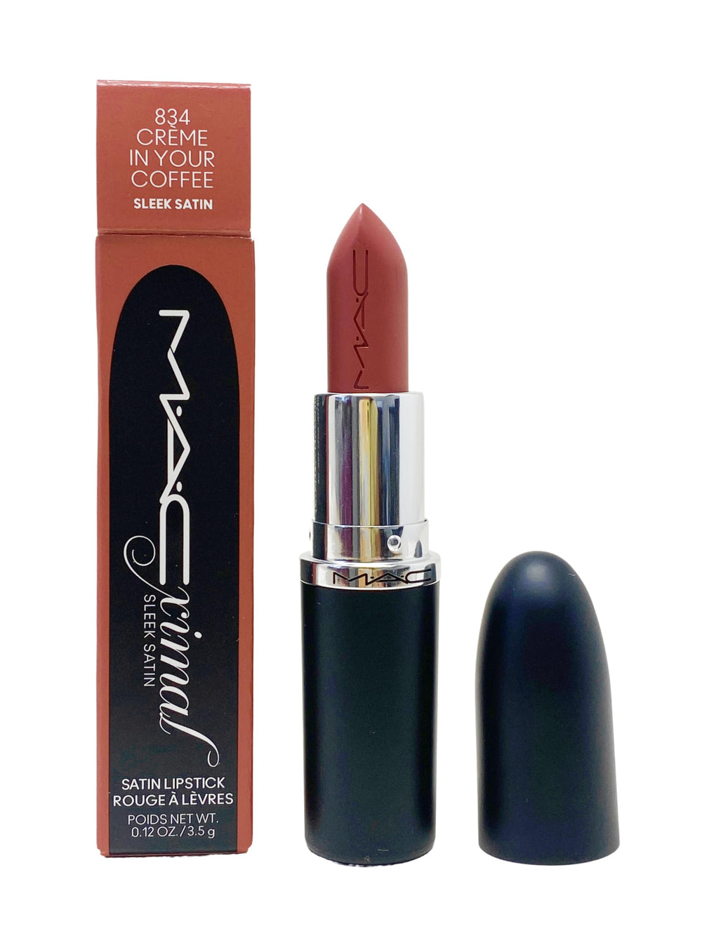 MAC Ximal Sleek Satin Lipstick swatch in Creme In Your Coffee for rich midtone pink brown