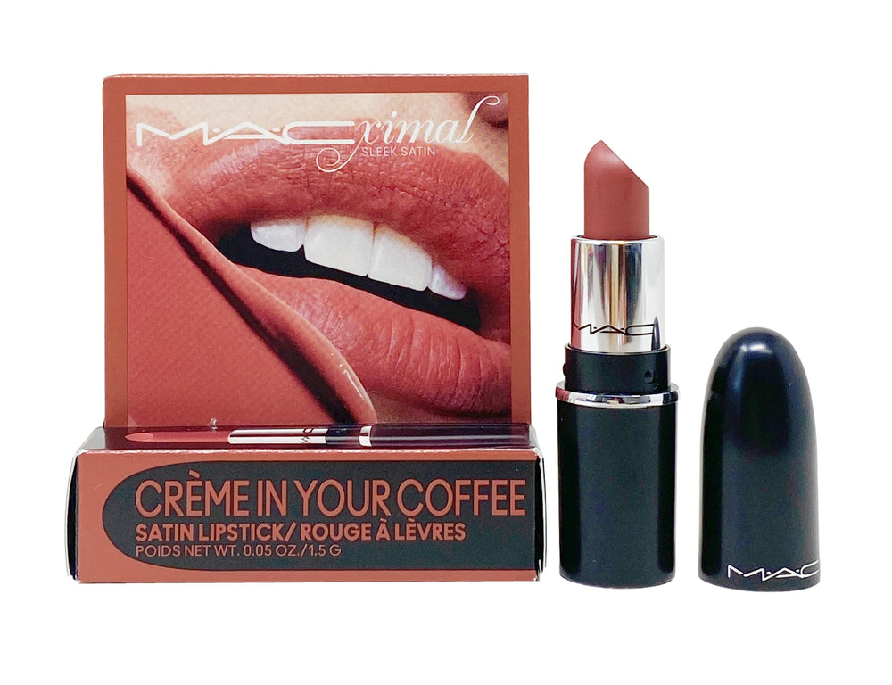 MAC Ximal Sleek Satin Mini Lipstick in Creme In Your Coffee, rich midtone pink-brown for everyday wear.
